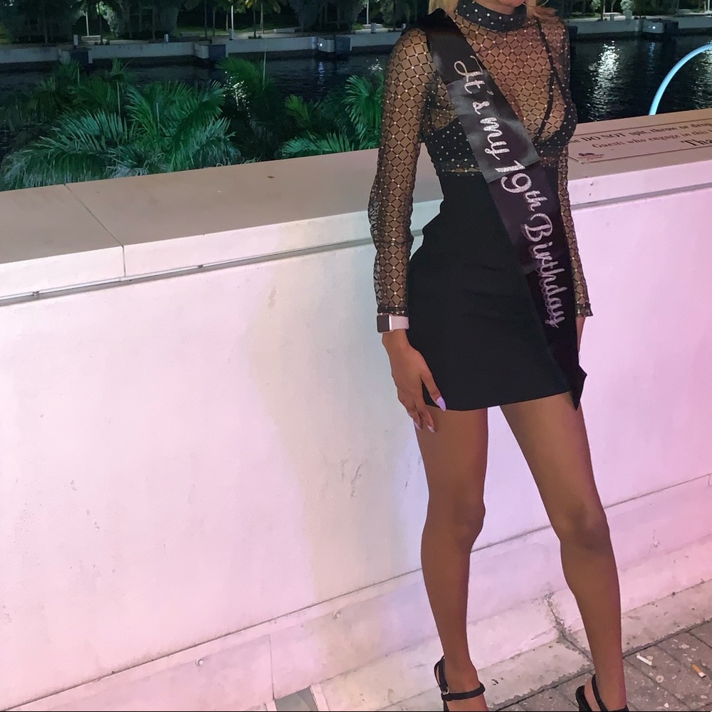 PRETTYLITTLETHING Black criss cross mesh body con dress w/ bralette!